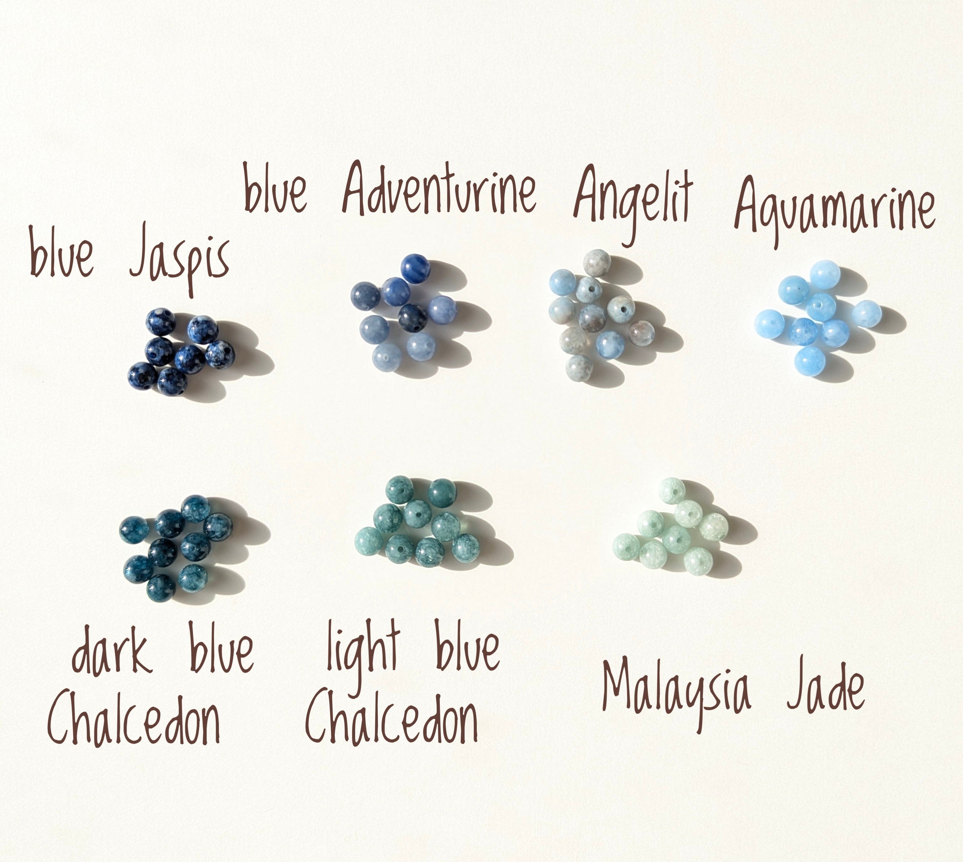 Collection of blue gemstones with labels on a white background