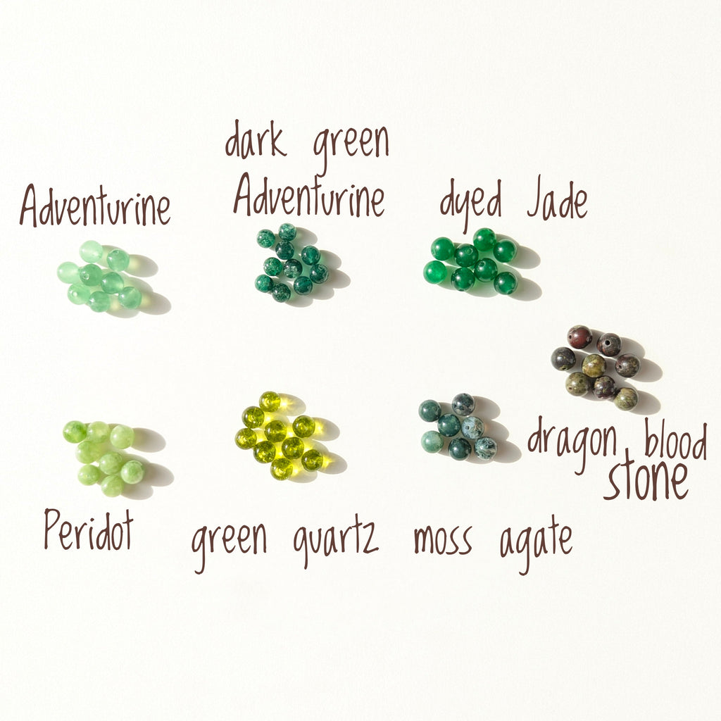 Collection of green stones labeled with their names on a white background