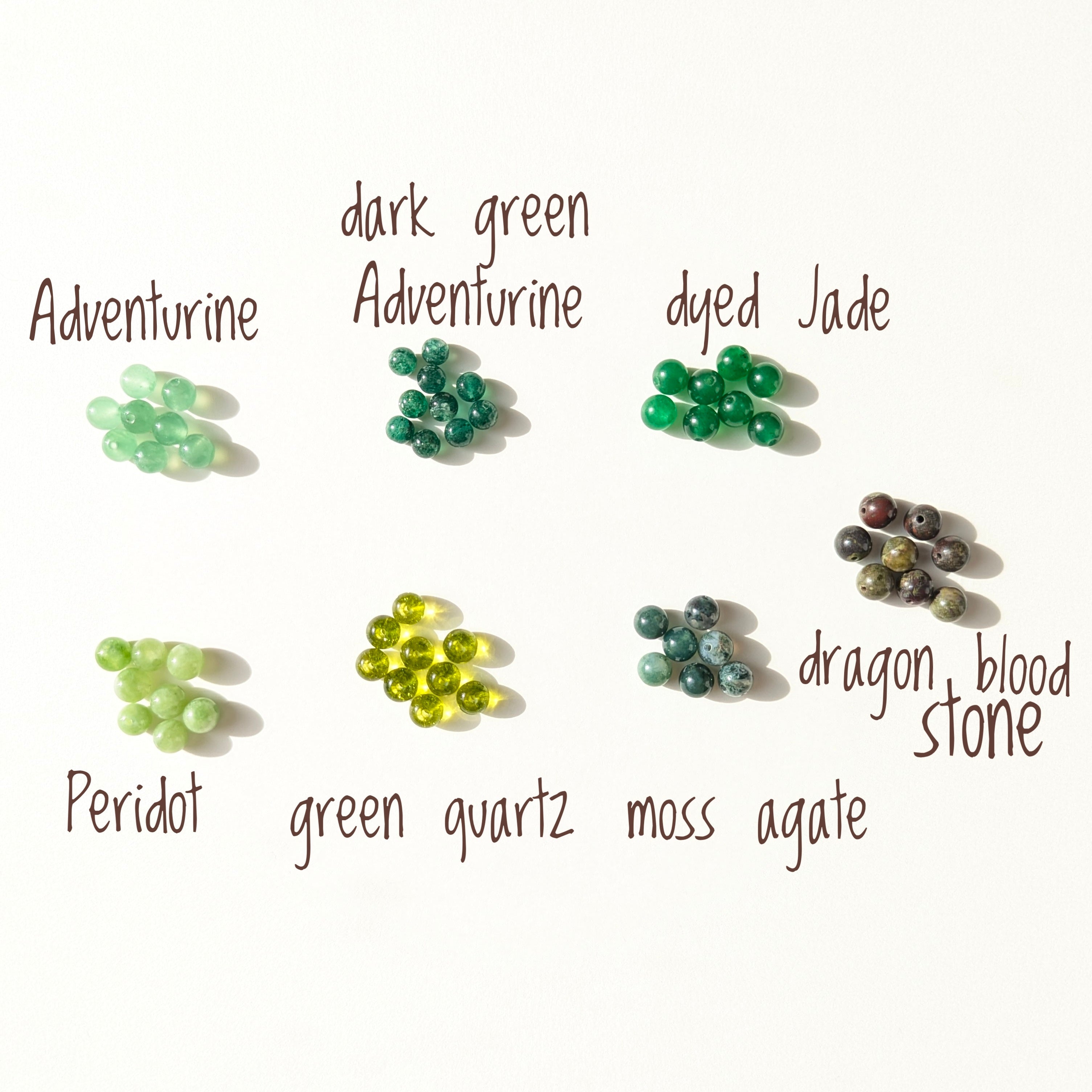 Collection of green stones labeled with their names on a white background