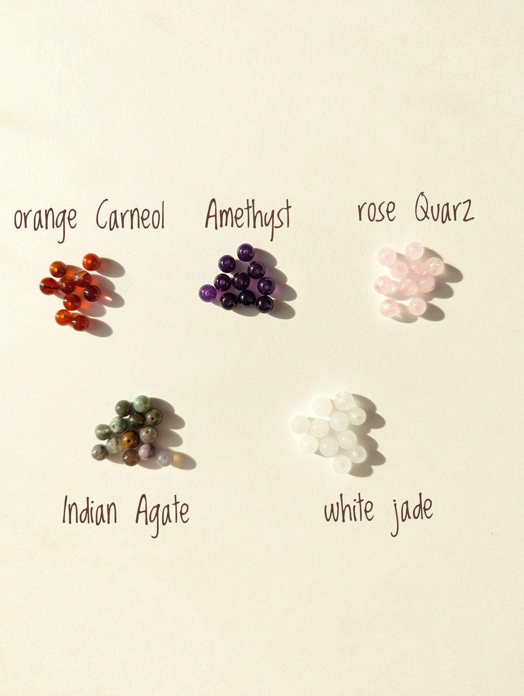 Collection of different colored stones labeled on a beige background