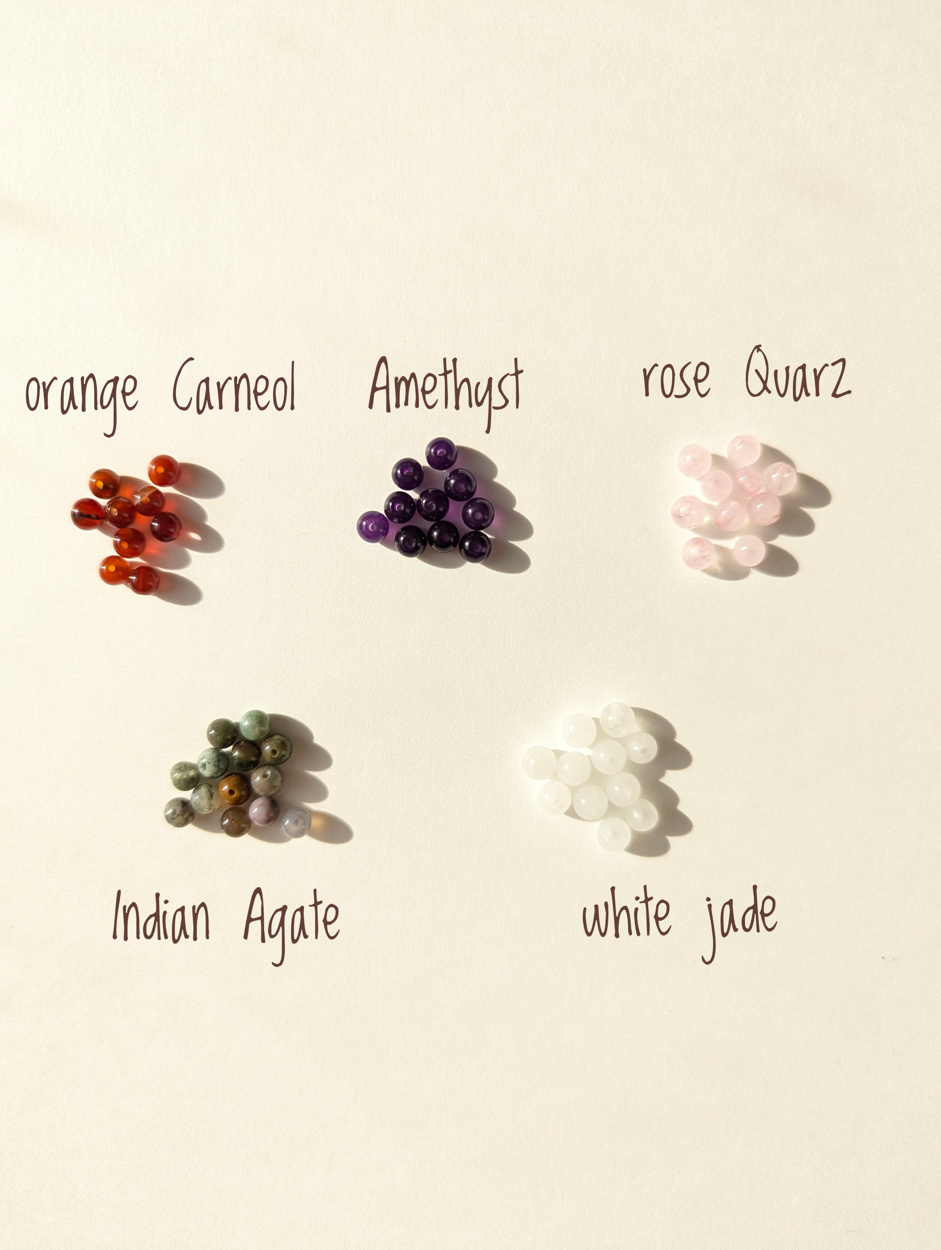 Collection of different colored stones labeled on a beige background