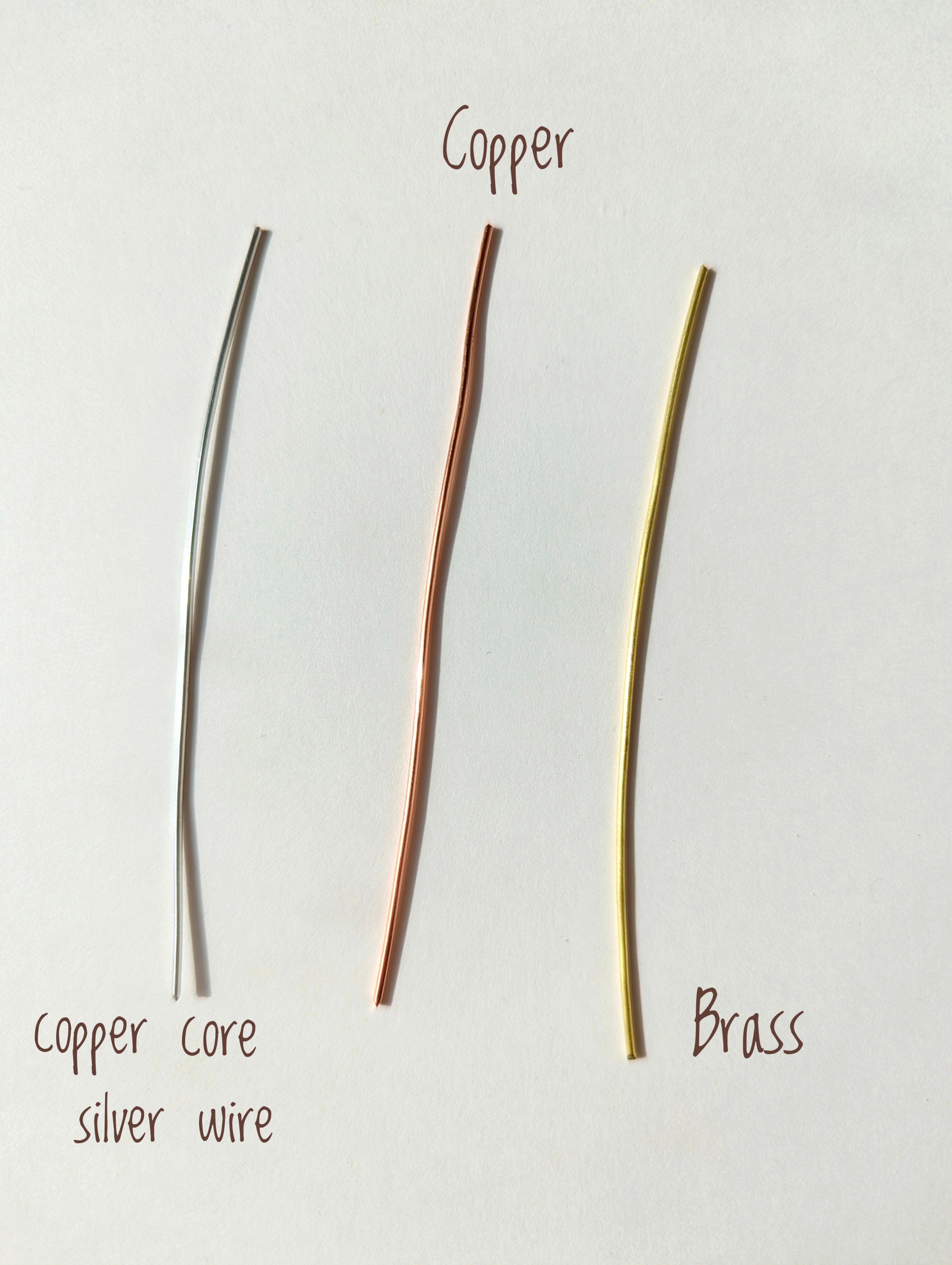 Three types of wire labeled 'Copper core silver wire', 'Copper', and 'Brass' on a white background.