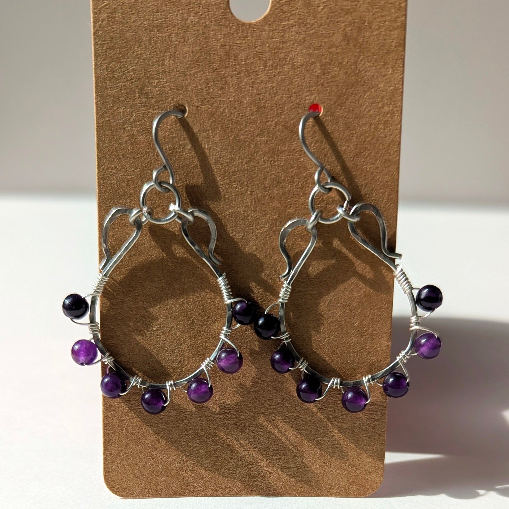 Handmade Wire Wrapped Hoop Earrings ‘Amara’ – Natural Gemstone, Lightweight Statement Hoops