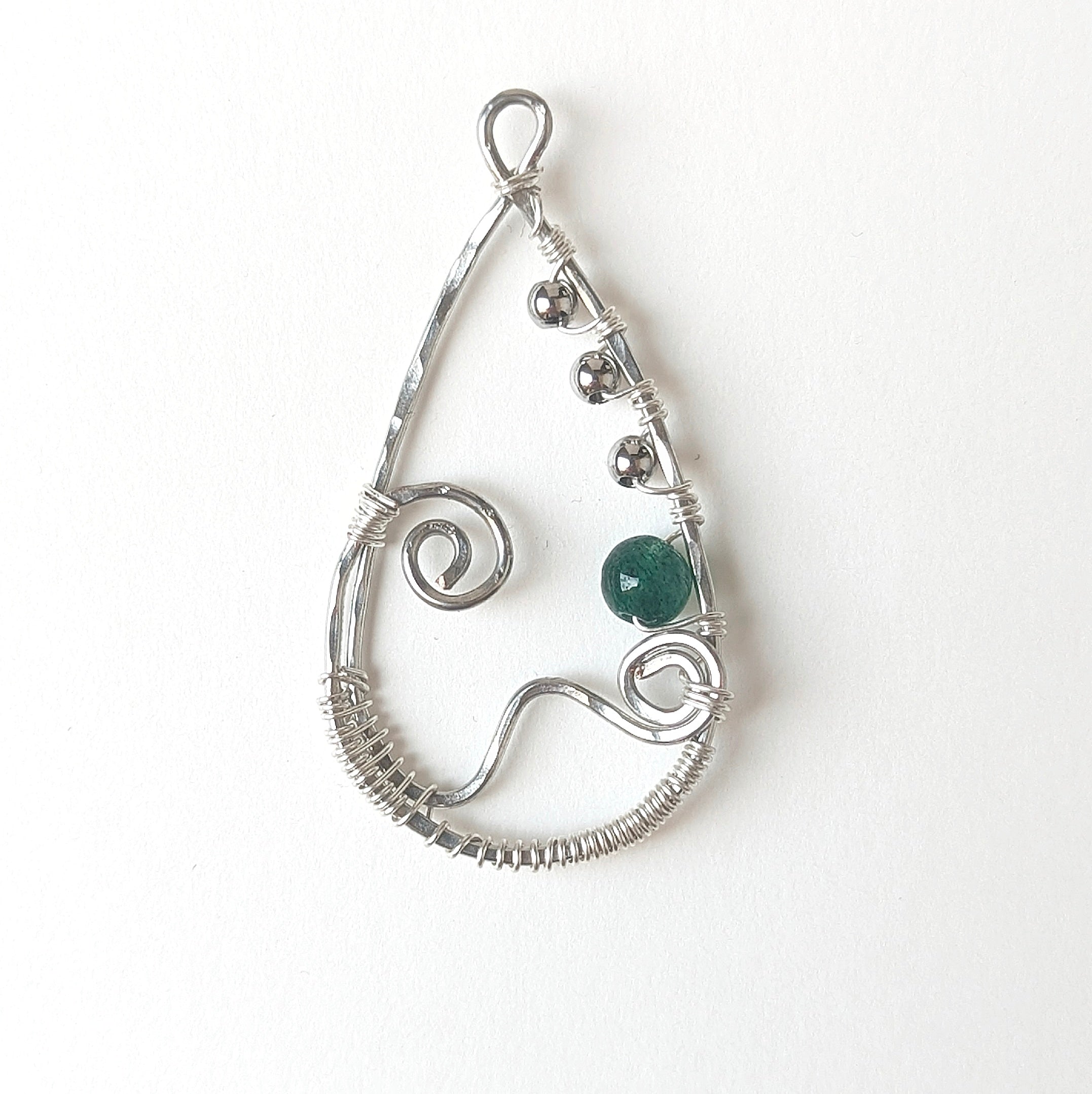 Handmade Green Aventurine Statement Pendant – Silver Wire Wrapped Drop Necklace with Organic Swirl Details | Adjustable Stainless Steel Chain
