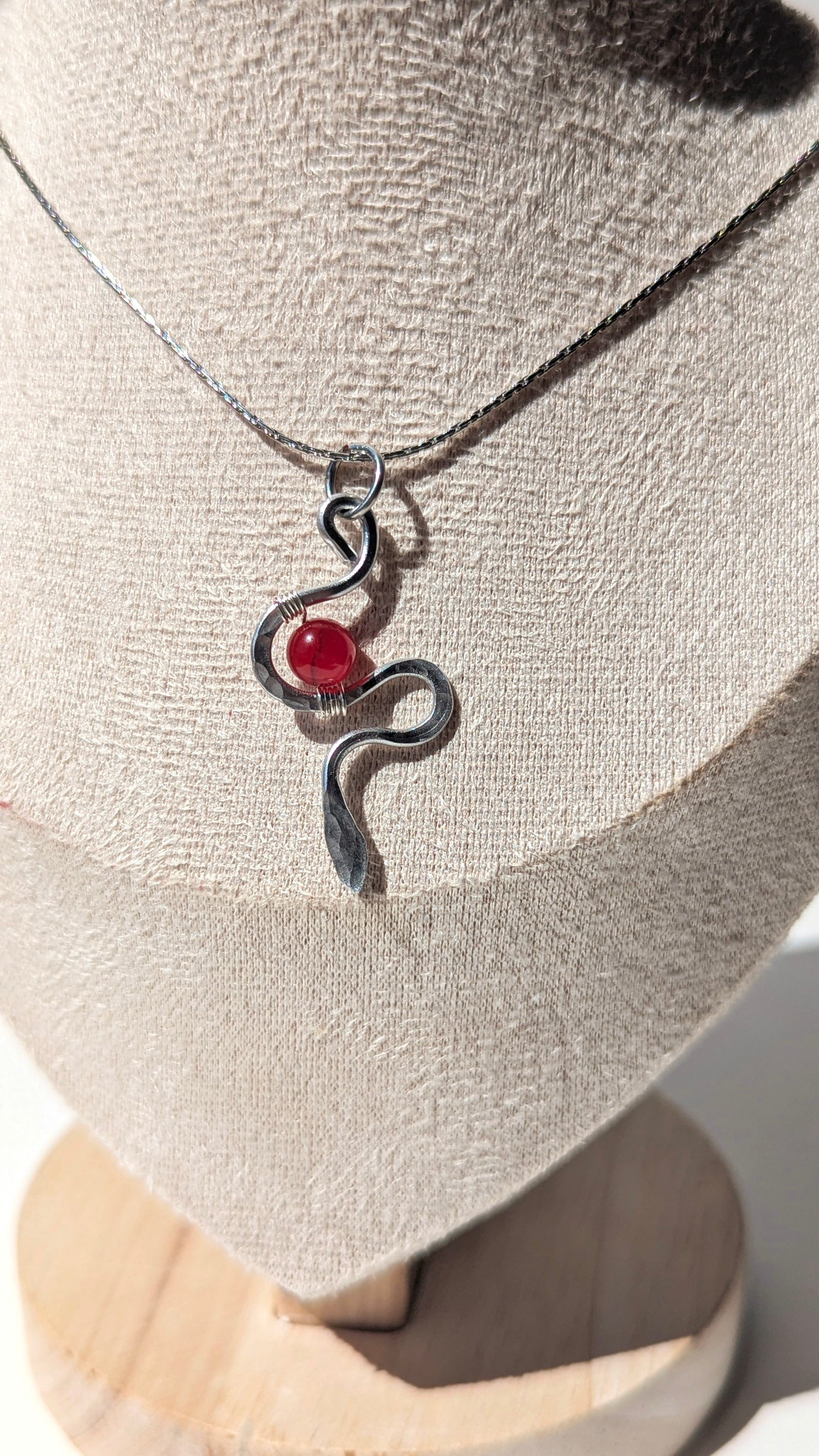 Handmade Snake Pendant Necklace – Hammered Aluminum Wire Snake Charm with Custom Bead | Adjustable Stainless Steel Chain