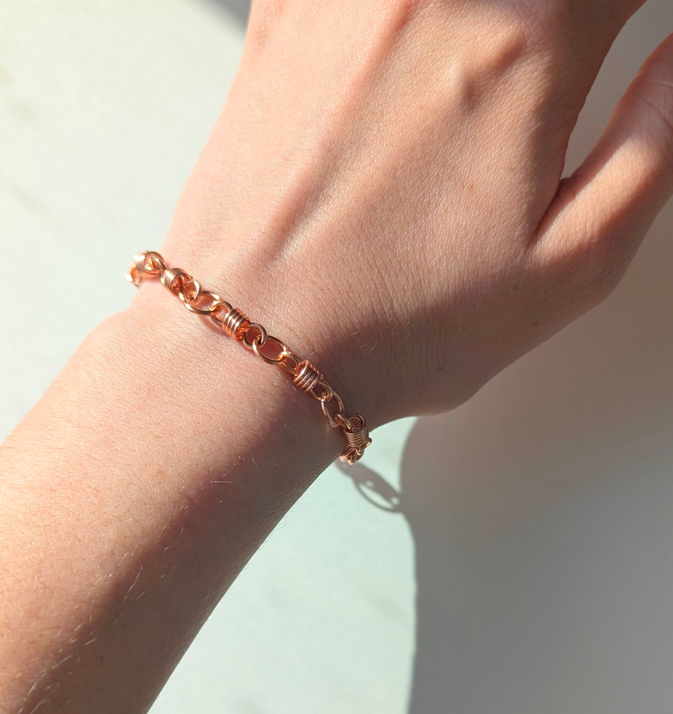 Handmade Adjustable Bracelet “Colbie” – Twisted,organic wire wrapped Chain Design in Copper, Brass & Silver