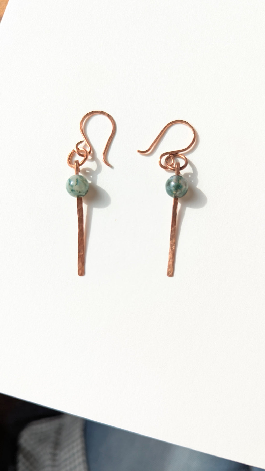 Handmade Hammered Dangle Earrings 'Sage' – Minimalist Gemstone Earrings in Copper, Brass or Silver