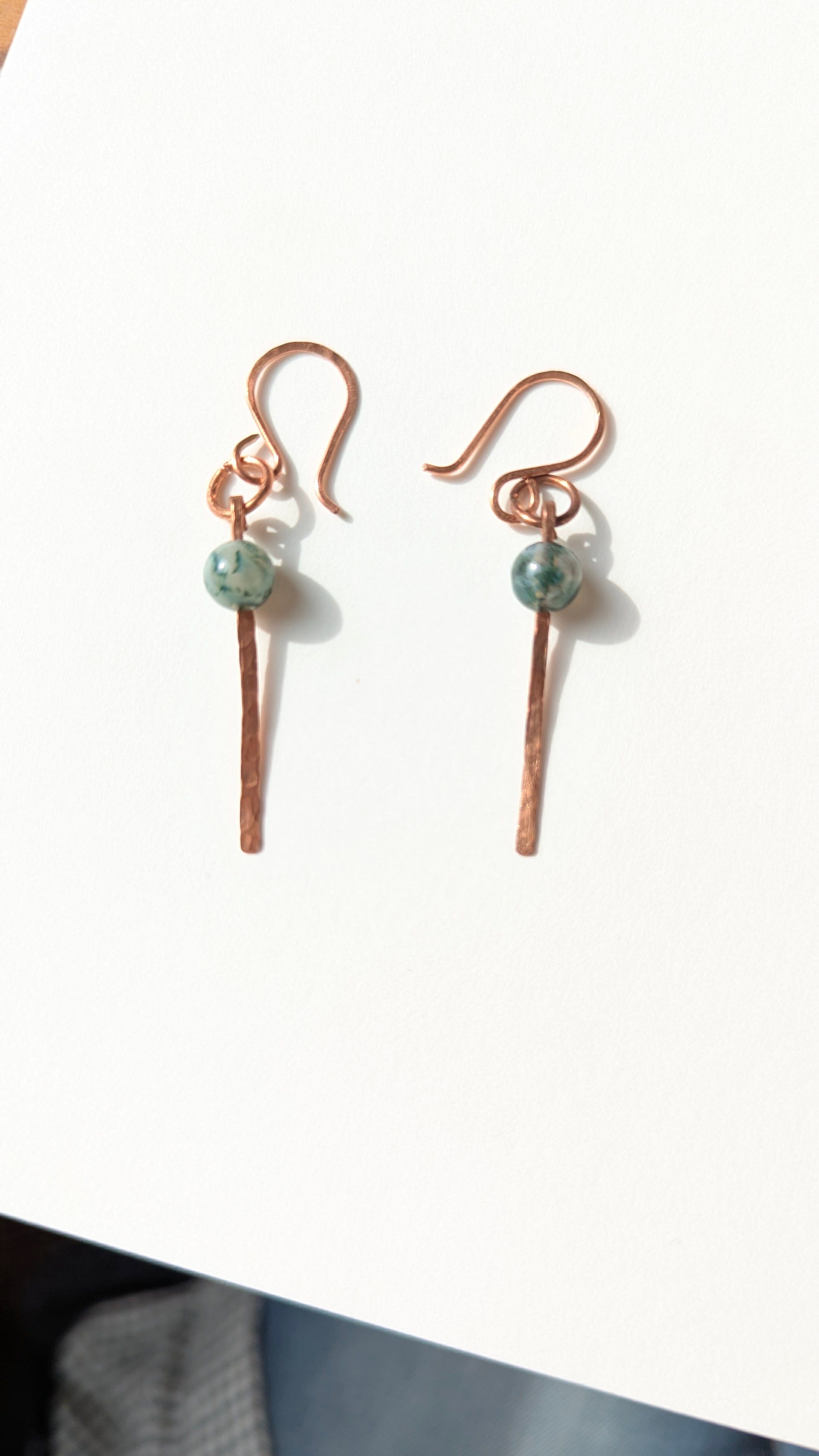 Handmade Hammered Dangle Earrings 'Sage' – Minimalist Gemstone Earrings in Copper, Brass or Silver
