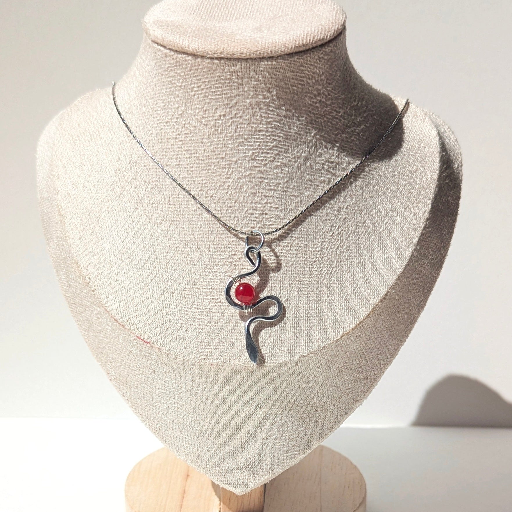 Handmade Snake Pendant Necklace – Hammered Aluminum Wire Snake Charm with Custom Bead | Adjustable Stainless Steel Chain