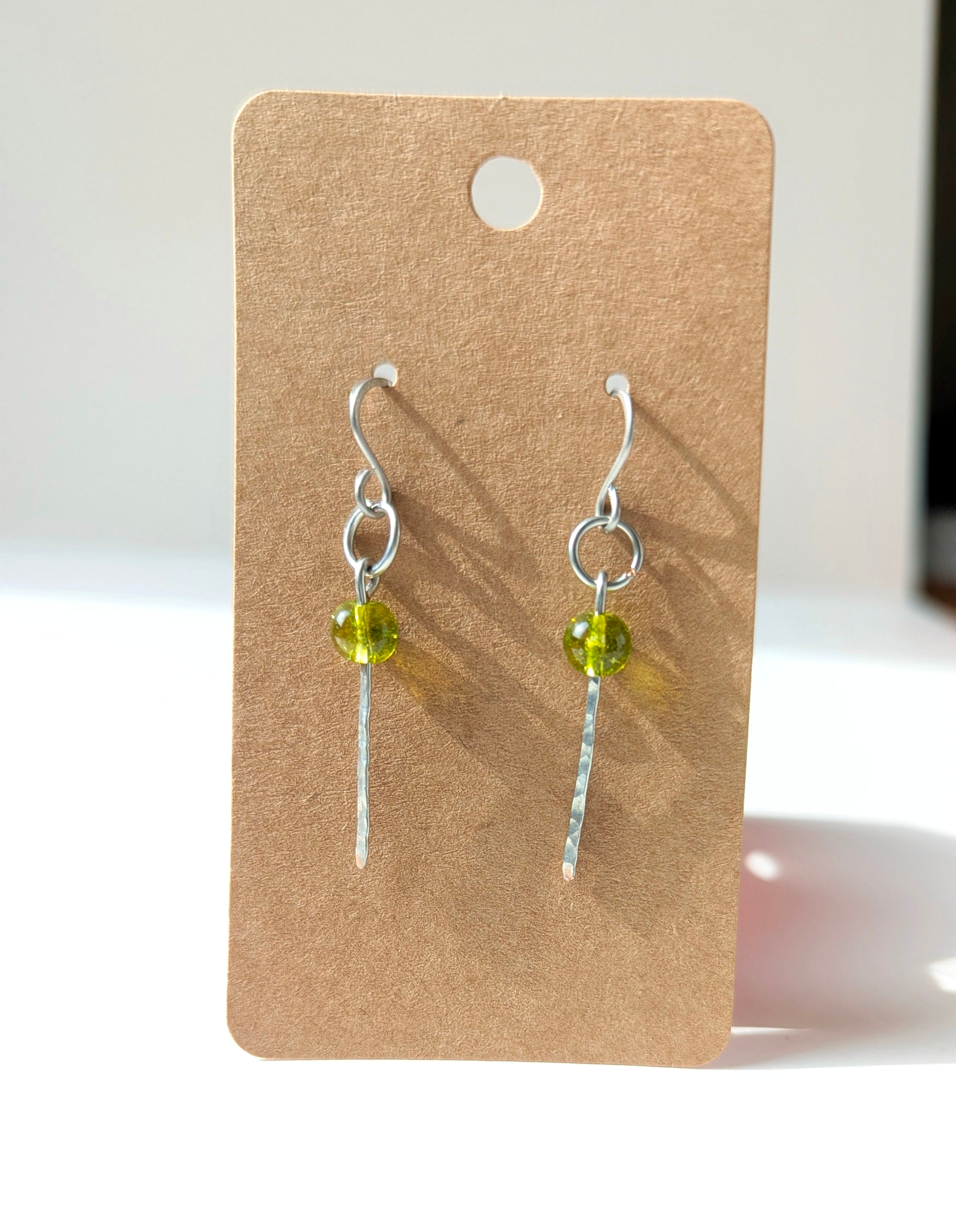 Handmade Hammered Dangle Earrings 'Sage' – Minimalist Gemstone Earrings in Copper, Brass or Silver