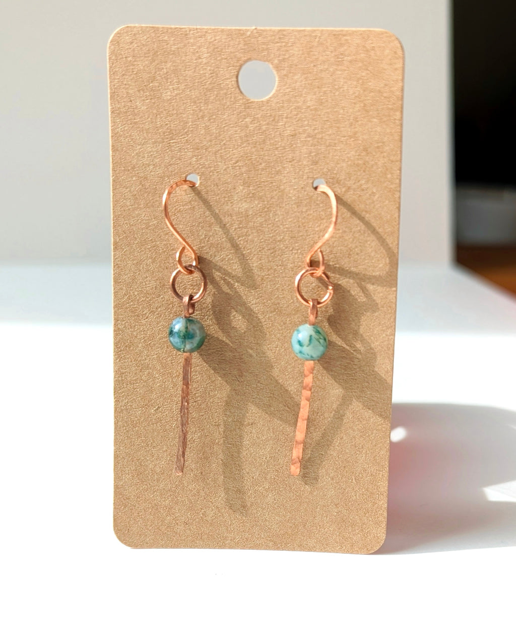 Handmade Hammered Dangle Earrings 'Sage' – Minimalist Gemstone Earrings in Copper, Brass or Silver
