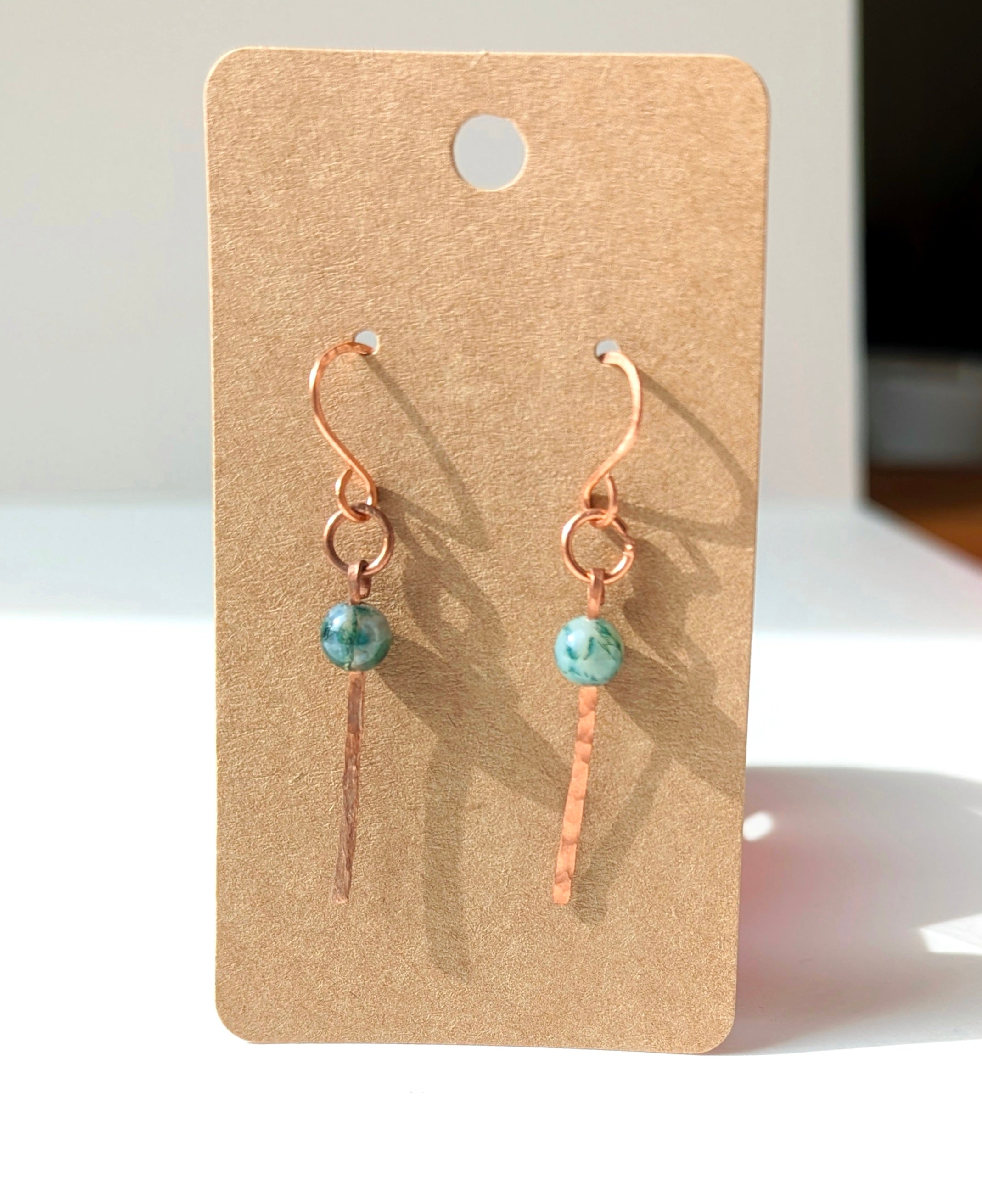 Handmade Hammered Dangle Earrings 'Sage' – Minimalist Gemstone Earrings in Copper, Brass or Silver