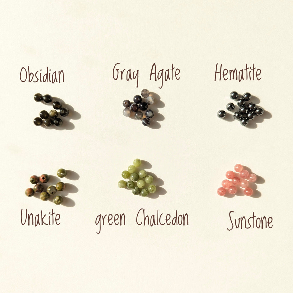 Collection of different types of gemstones on a beige background with labels.